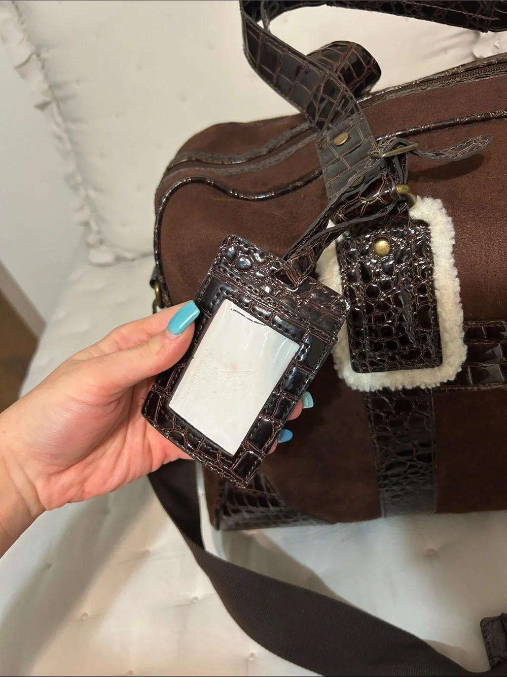 Bath & Body Works Brown Suede Duffel Bag with Croc Trim and White Fur — OS